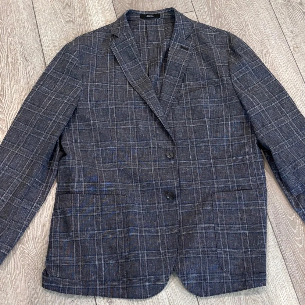 Nordstrom Blazer Mens 44S Blue Plaid Wool Linen Cotton Trim Fit Sport Coat